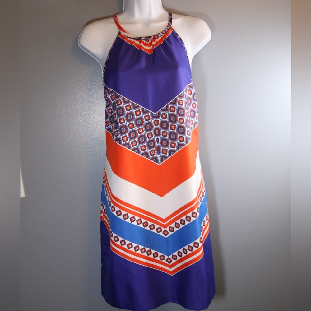 Banana Republic Geometric Halter Shift Dress Blue Orange Size 8 - Picture 4 of 13